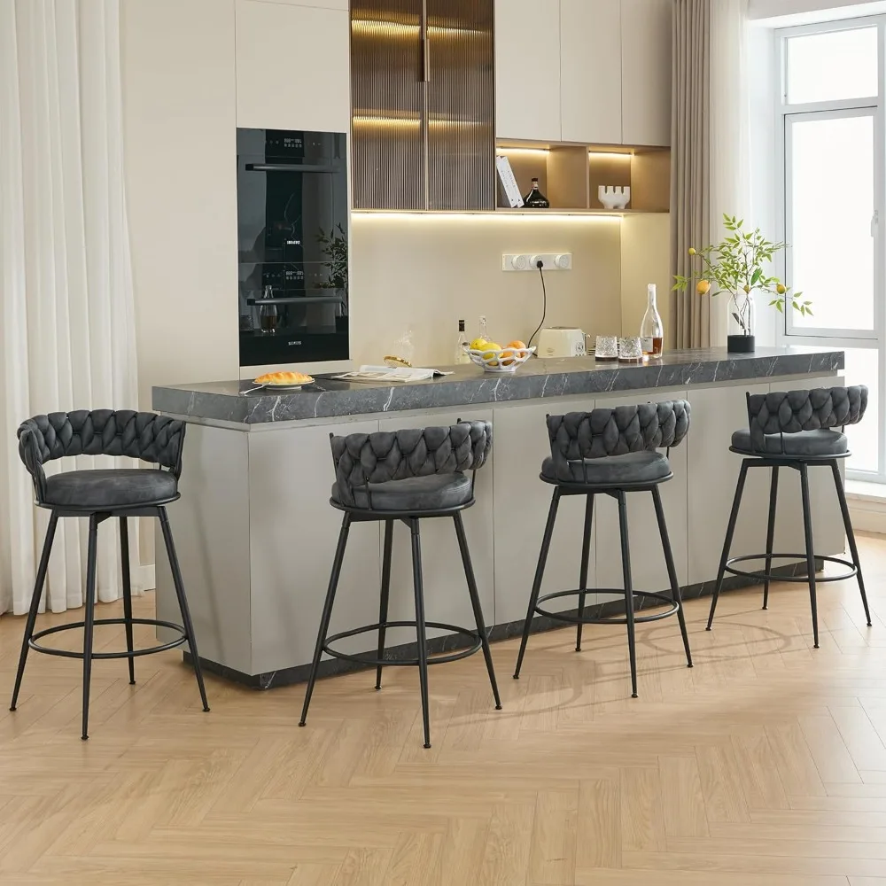 

360° Swivel Bar Stools Set of 4, 28 inch Counter Height Bar Stools Modern Barstools with Woven Back and Suede Fabric, Metal Fram