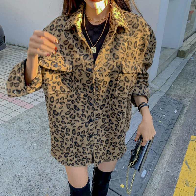 Retro Leopard Print Woolen Coat Women's Autumn Winter Thickened Loose Design Sense Fashionable Shirt  Collar Button up