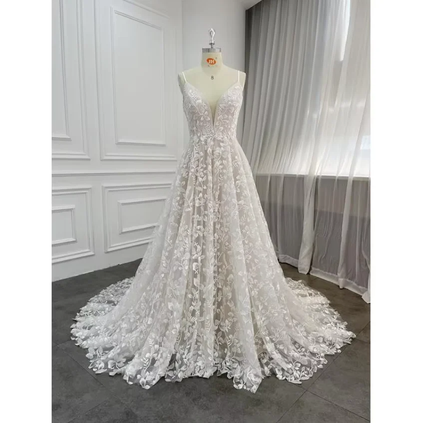 

Lace Wedding Dresses Chapel Train Customized Floor-Length Sleeveless V-Neck Bridal Gowns