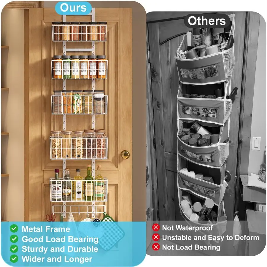 

Adjustable Over The Door Organizer, Metal Hanging Door Organizer with 5 Wire Basket 7 Hooks, Wall Mounted Shelf for Pantry Close