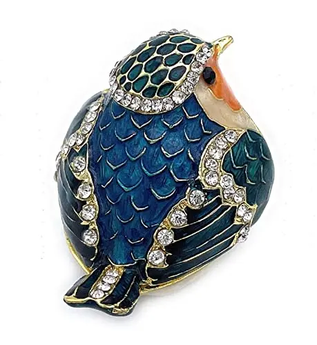 Ornate Enamel Robin Figurine With Rhinestone Detailing, Hinged Trinket Box For Ring And Earring Storage, Decorative Home - view 2