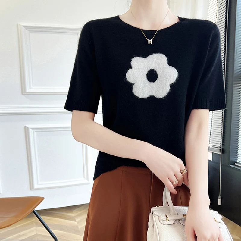 Fashion Women 100% Merino Wool O-Neck Fashion Flower Knit Sweater Short  Sleeves Pullover Cashmere Soft Comfortable Clothing Top