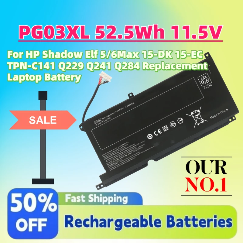 

High-Quality PG03XL 52.5Wh 11.5V Battery for HP Shadow Elf 5/6Max 15-DK 15-EC TPN-C141 Q229 Q241 Q284 Replacement Laptop Battery