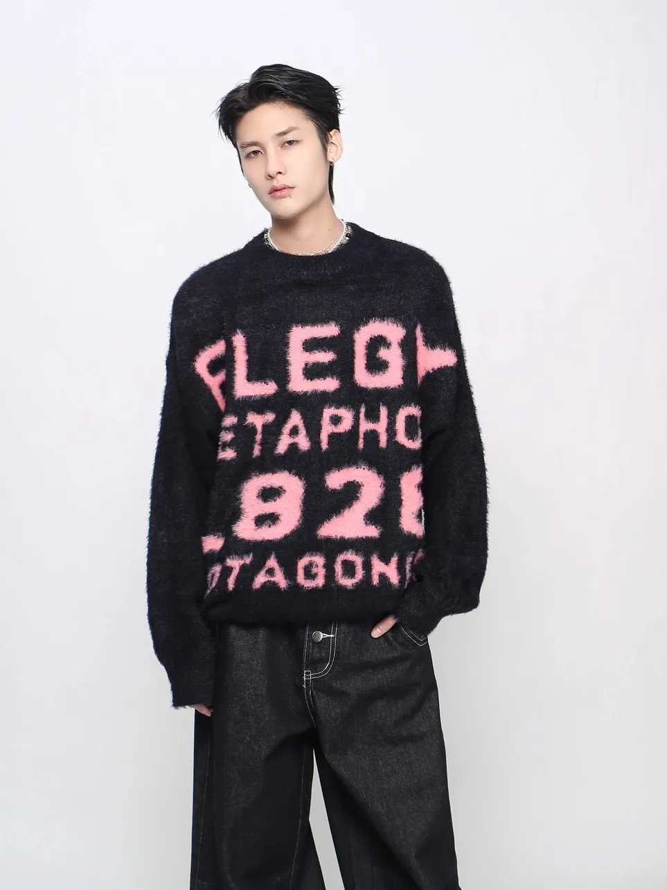 

Retro American Knitted Sweater Couple Matching Faux Fur Color Blo Design Men's Women's Loose Fit Long Sve round Ne