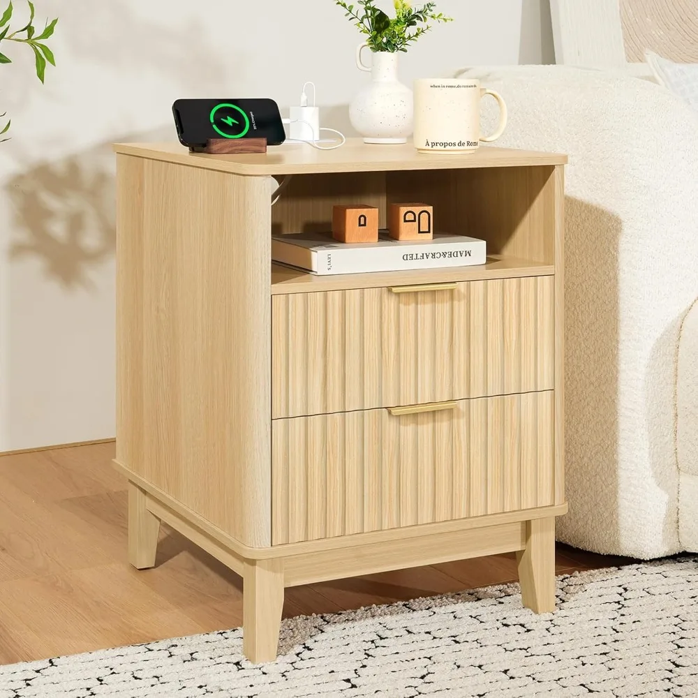 Contemporary Bedside Table with Charging Station and Storage Drawers