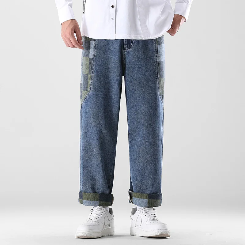 

Nice Autumn Pop Men's Denim Wide-leg Pants Street Fashion Korean style Printing Blue Baggy Jeans Male Branded Straight Pants