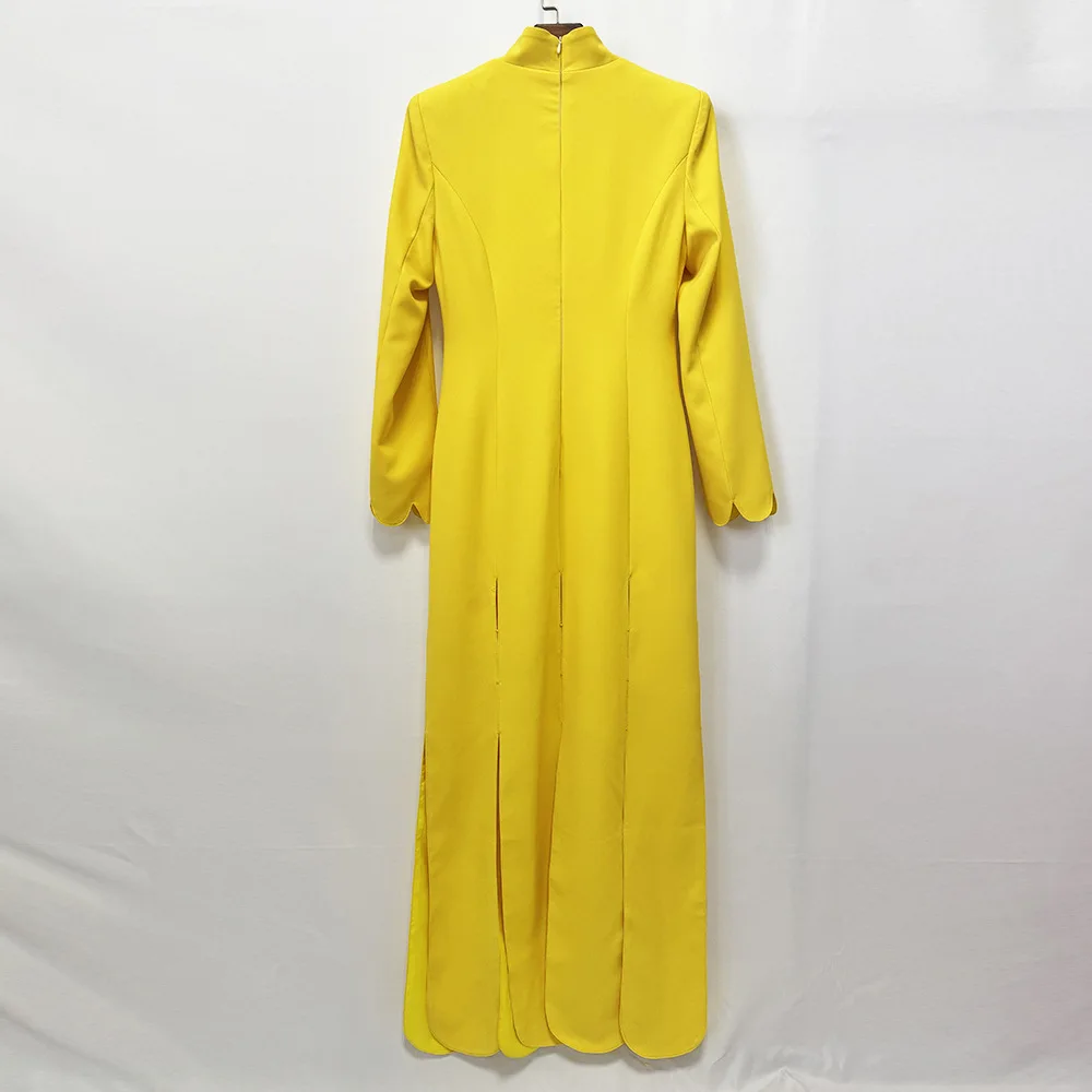 IEQJ Robe longue pour femme, coupe ajustée, col en V, épaules rembourrées, manches longues, fente asymétrique, ourlet à rabat, nouvelle collection 3A2992