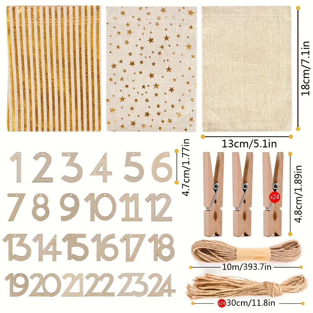 24 قطعة عيد الميلاد تقويم القدوم عدد أكياس العد التنازلي تقويم القدوم مجموعة مع حبل ومقاطع ، أكياس الرباط للديكور المنزل