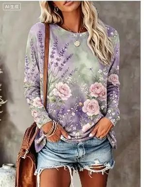 Women Long Sleeve T‑Shirt Gradient Background Watercolor Floral Bird Print Crew Neck Loose Casual Daily Tops - view 3