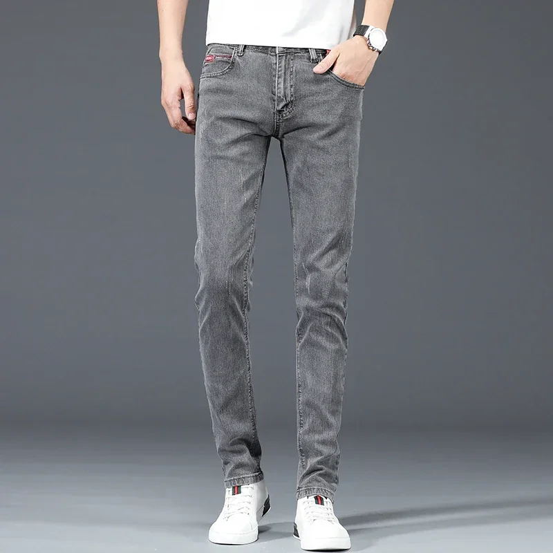 New Men's Cotton Business Casual Skinny Jeans Trendy Fashionable Stretch Straight Slim Denim Trousers Male Blue Grey
