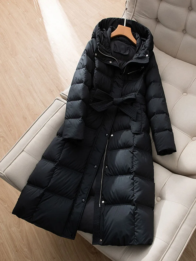 Winter Long Hooded Down Jacket For Women Solid Color Simple Lace Up Puff Coat American Fashion High Street Female Thick Overcoat