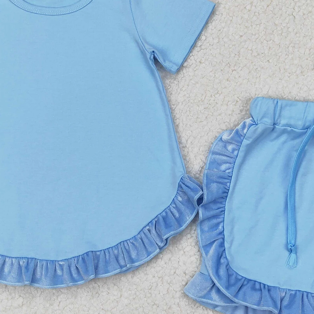 GSSO2183 Baby Girls Blue Cotton Top Ruffle Shorts Clothes Sets