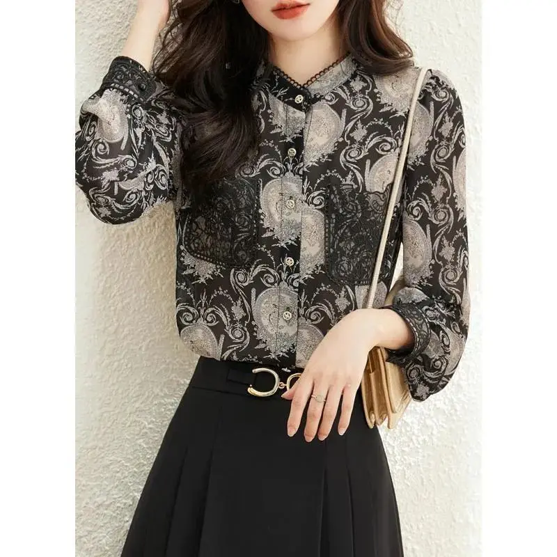 Blusa de manga larga con cuello levantado para mujer, camisa con estampado de botones, encaje Floral, bolsillo, cómoda, verano y otoño, 2024