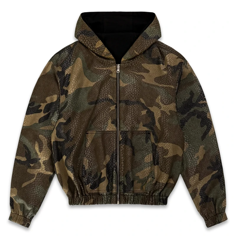 Jaqueta Masculina Y2K Reversível com Capuz Camuflada de Piton e Revestimento Brilhante, Estampa de Pele de Cobra, Estilo Hip Hop Americano, Streetwear