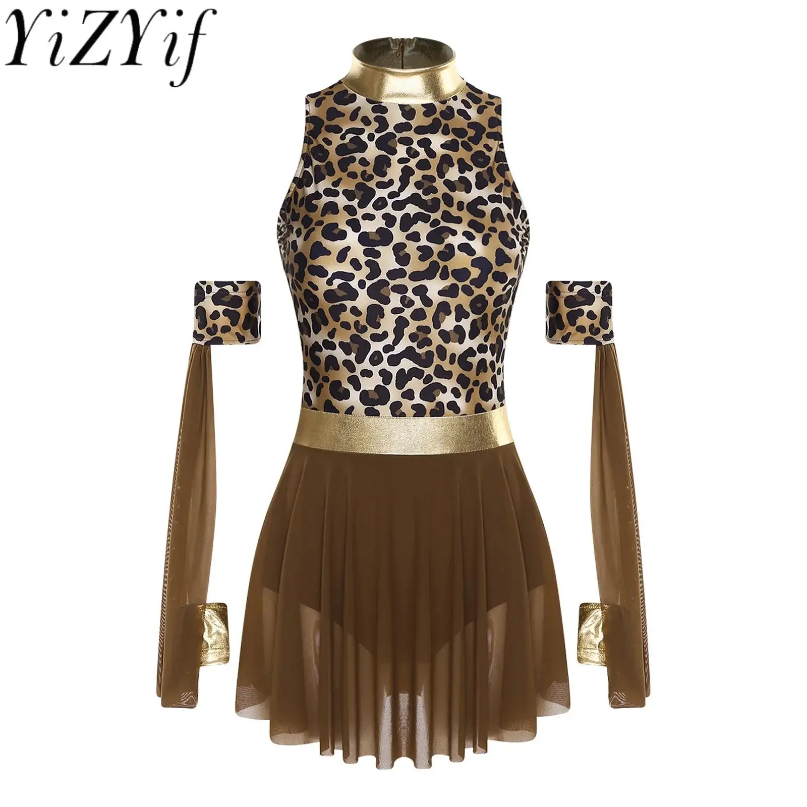 

Women Leopard Printed Cave Cowgirl Primitive Native Cosplay Dress with Sleeves Fashion Mesh Dress for Raves Party Halloween