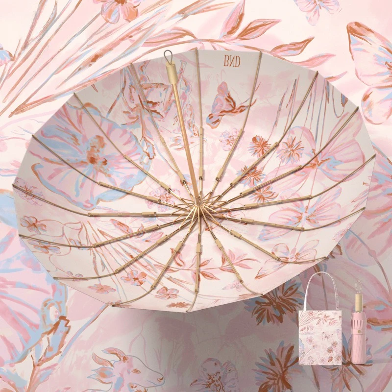 Women's Folding Sunny Umbrella 16 Bone Rain and Sunscreen UV Protection Color Glue Sunshade Reinforced Thick Sunshade Umbrella