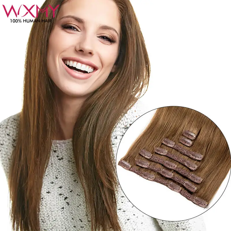 Kanten Clip Ins Haarverlenging Menselijk Haar 7 Stks/set Steil Haar Clips Voor Volledig Hoofd Bruine Kleur 100% Remy Human Hair Extensions