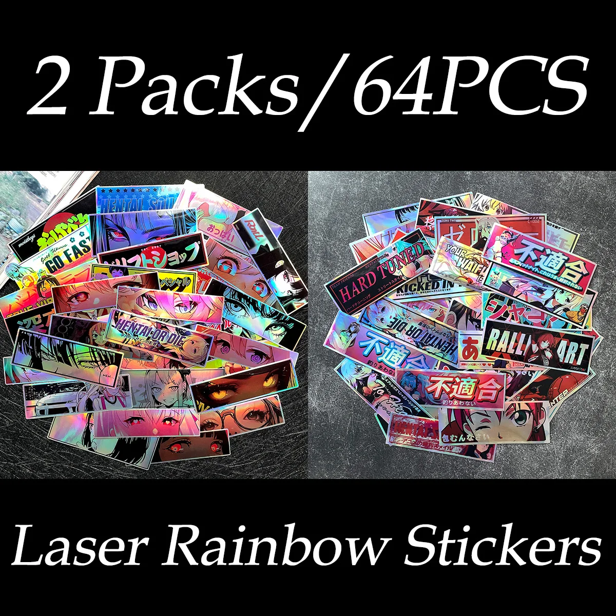 32PCS Binäre Änderung JDM Anime Schönheit Auge Aufkleber Zufällige Laser Regenbogen Motorrad Auto Fahrrad Helm Zubehör DIY Aufkleber