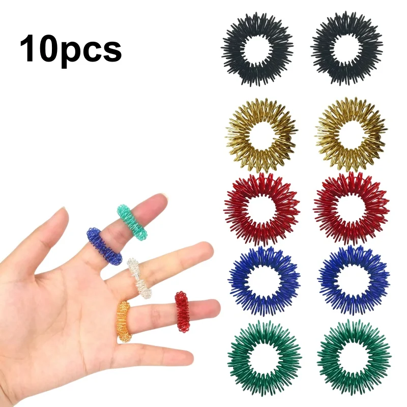 10Pcs Multicolor Finger Massage Rings Stainless Steel Fidget Rings for Stress Relief Elastic Acupressure Sensory Tools for Adult