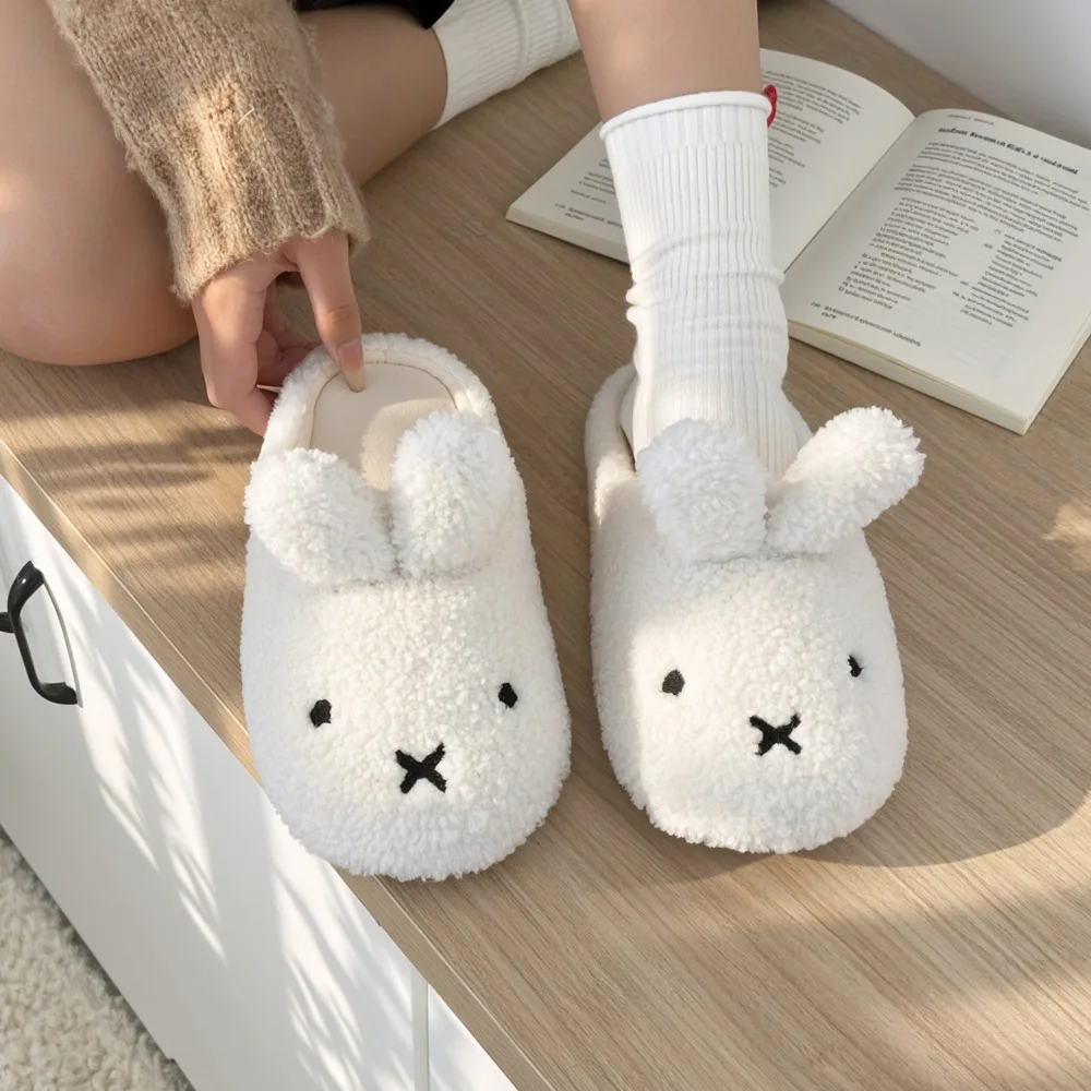 Chinelos de algodão de coelho miffy dos desenhos animados para mulheres outono e inverno casa interior antiderrapante quente bonito pelúcia simples high-end versátil