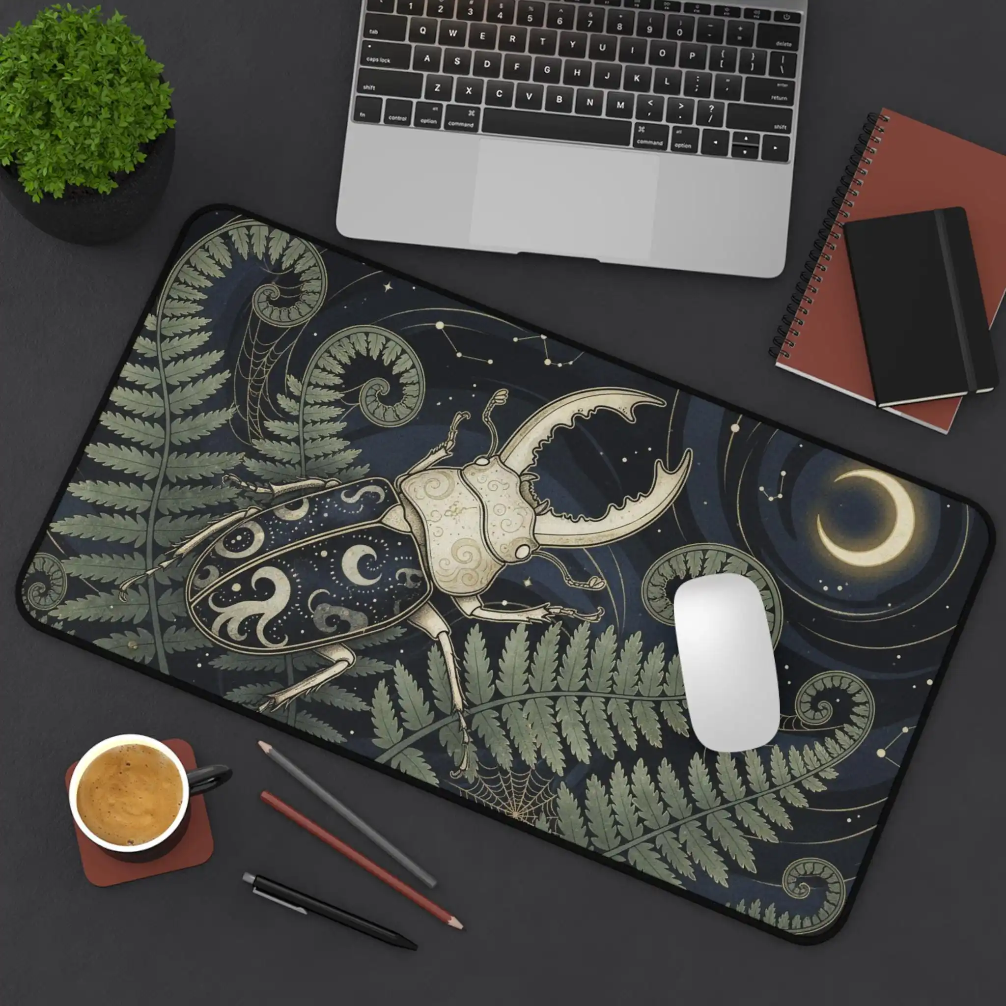 Celestial Stag Beetle and Moon Desktop Mats, Celestial Fern, Plant Mouse Pad, Laptop Mat, Non-slip Home Office Mat, Student Gift