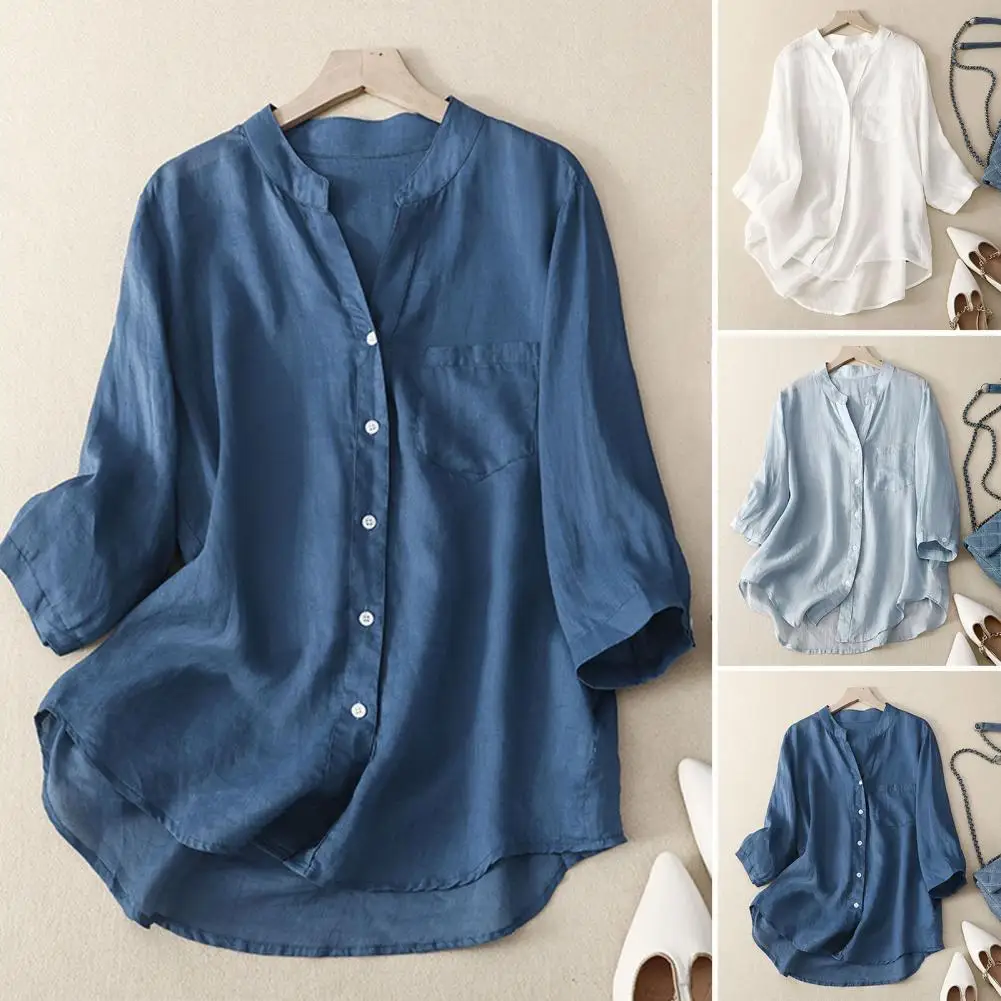 V-neck Shirt Tops Women Casual Shirt V-Neck 3/4 Sleeve Solid Color Shirt Tops Single Breasted Loose Fit Thin Women Clothing