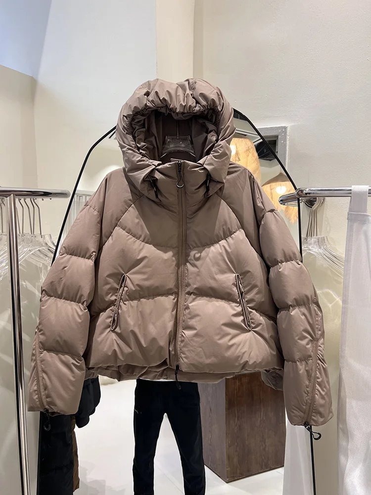 2025 new 90 down jacket sleeve zipper design short style women's hooded fashion loose simple warm white duck down coat