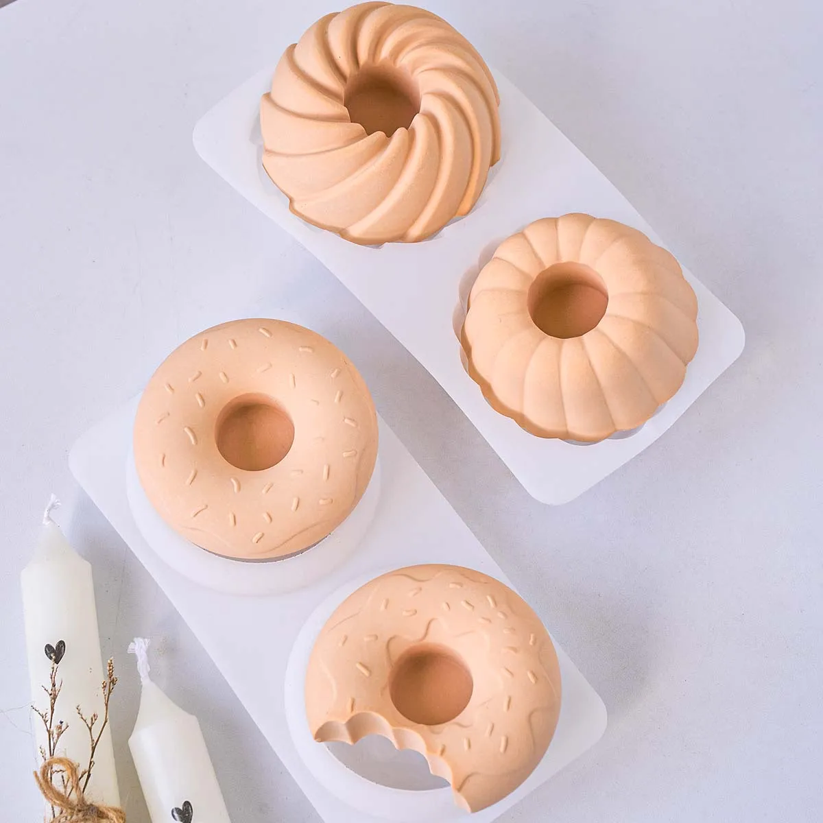 3D Doughnut Pudding Candle Holder Silicone Mold DIY Handmade Round Long Strip Wax Candlestick Plaster Resin Craft Molds Home Dec