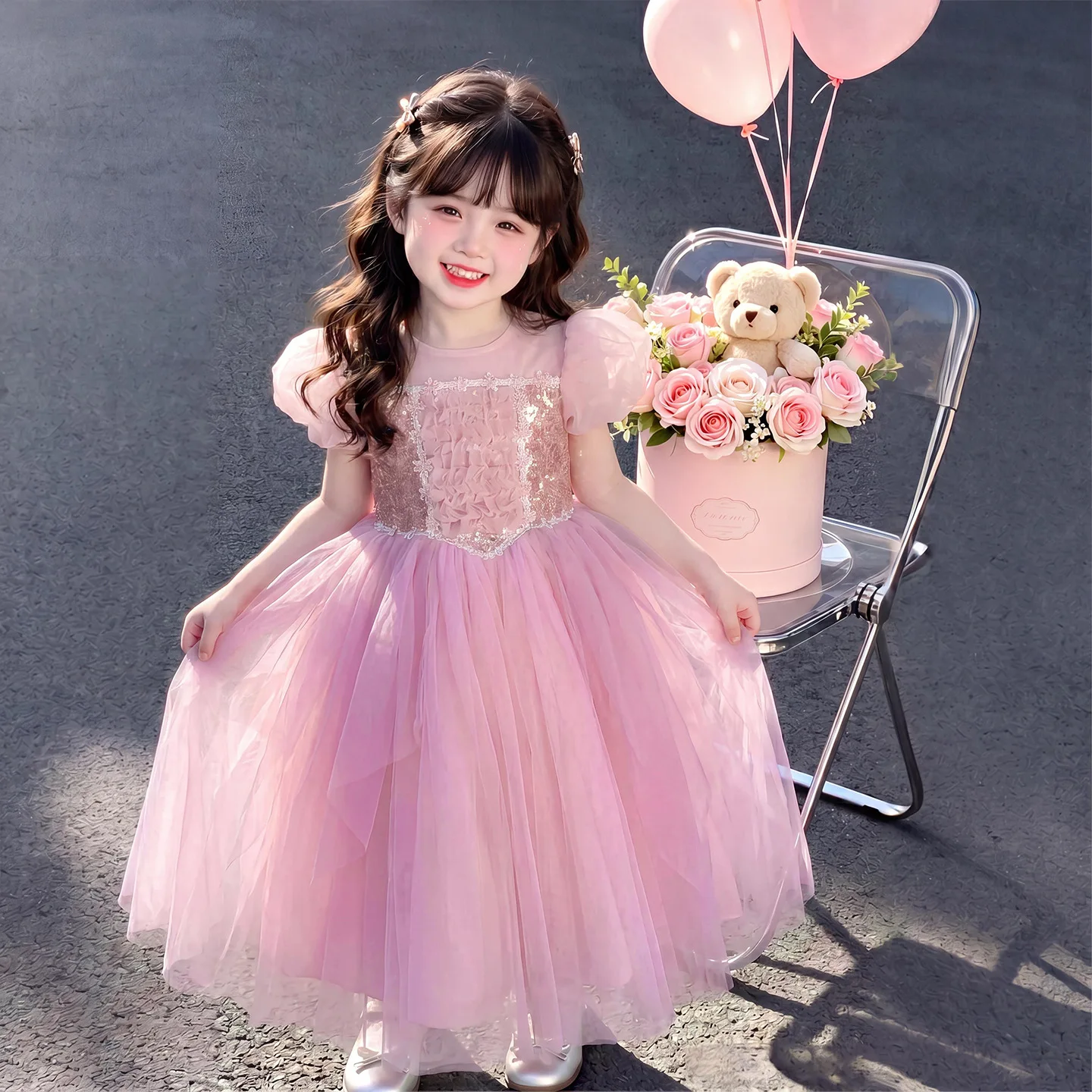 

Girls Summer Puff Sleeve Dress 2026 New Sweet Stylish Baby Girl High Quality Birthday Gown Princess Dress