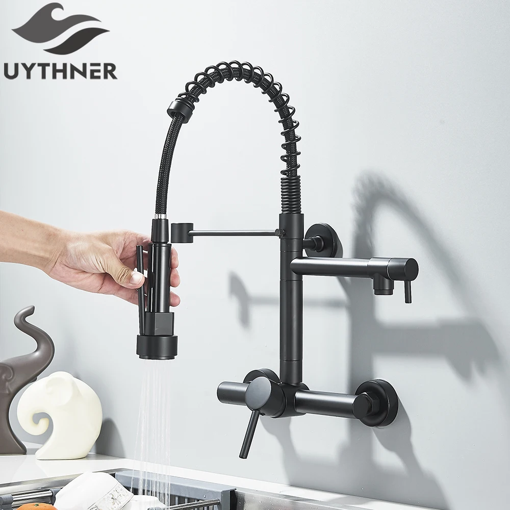صنبور المطبخ الأسود صنابير المياه الساخنة والباردة الحائط الحنفية سفينة بالوعة صنبور حوض خلاط الربيع المزدوج قطب ينبثق بالوعة خلاط رافعة