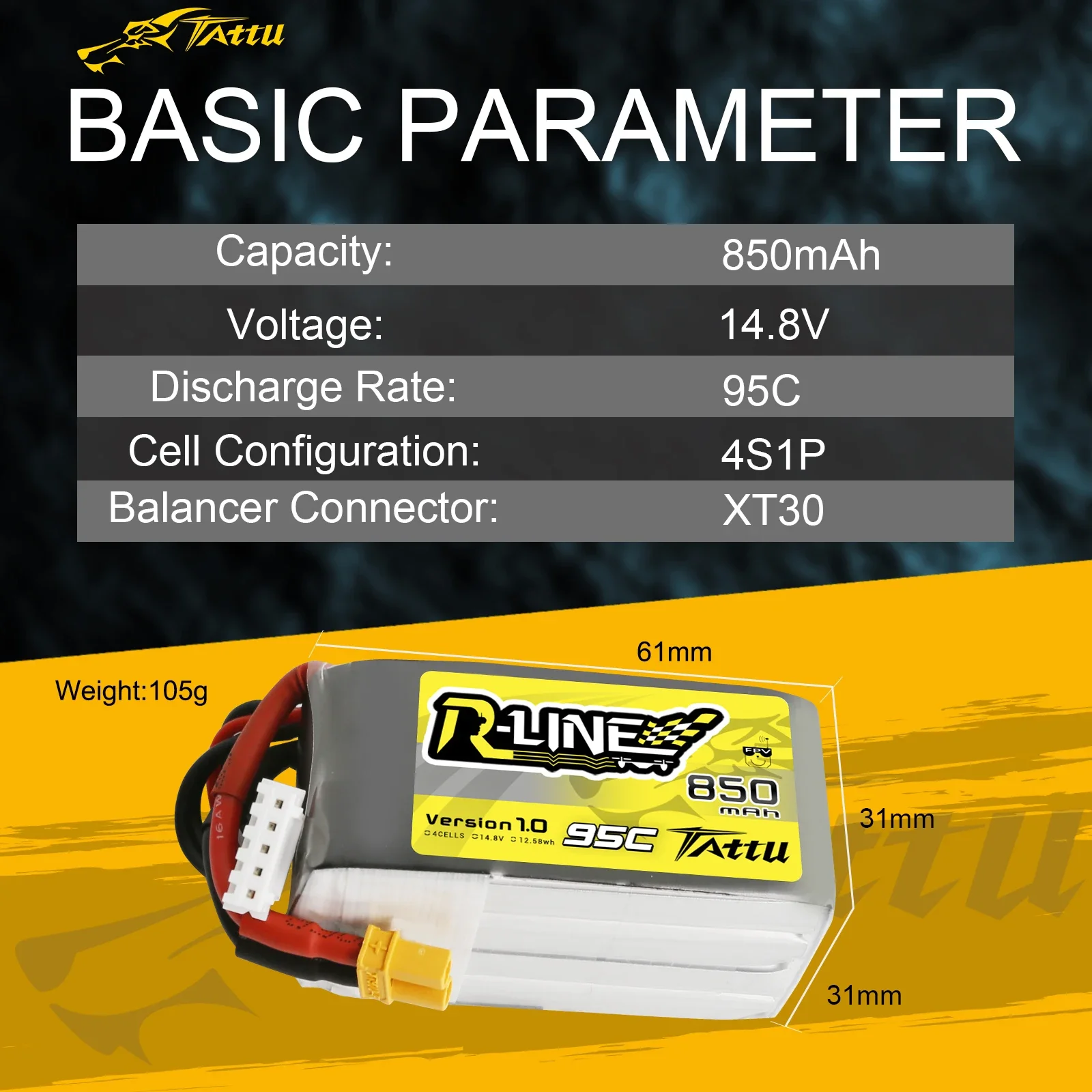 Tattu R-Line 850mAh 4S Lipo Battery 14.8V 95C XT30 XT60 Plug RC Power for FPV Drone 150 Size Racing Multirotor Quadcopter Frame