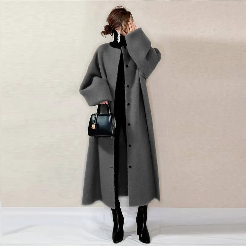 New Women's Lapel Long Sleeve Solid Color Loose Long Woolen Coat Casual Commuter Elegant Trendy Versatile Daily Wear Woolen Coat