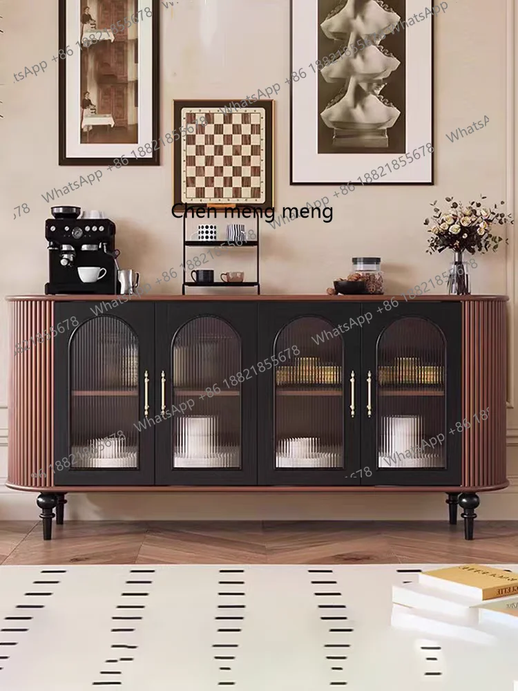 

Solid wood sideboard Simple high-end two-color curved sideboard Retro living room entrance cabinet