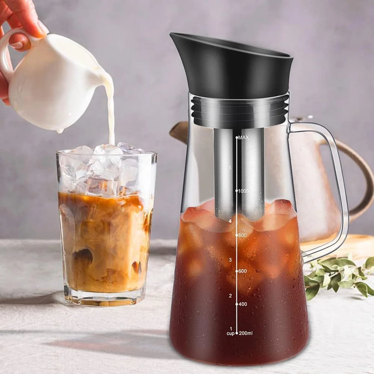 Cold Brew Coffee Maker, Iced Coffee Maker Machine, Cold Brew Tea Pitcher Durable Glass and Airtight Lid Coffee Pot 1.2L