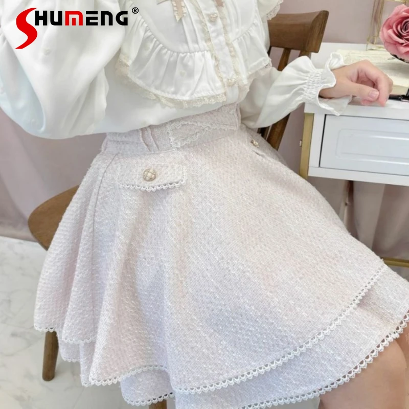 

2024 Summer Spring Short Mini Skirts Japanese Lolita Style Tweed Double Horn Cross Belt Increase Overlap Skirt Women's Clothing