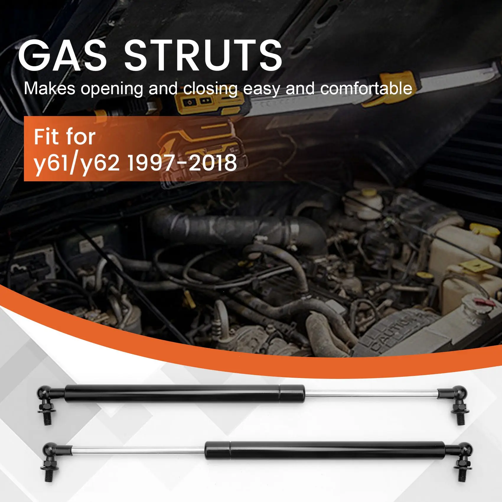 A73Q-2Pcs Bonnet Hood Lift Supports Shock Gas Struts For Nissan Patrol Y61 Y62 1997-2018 Steel 41Cm