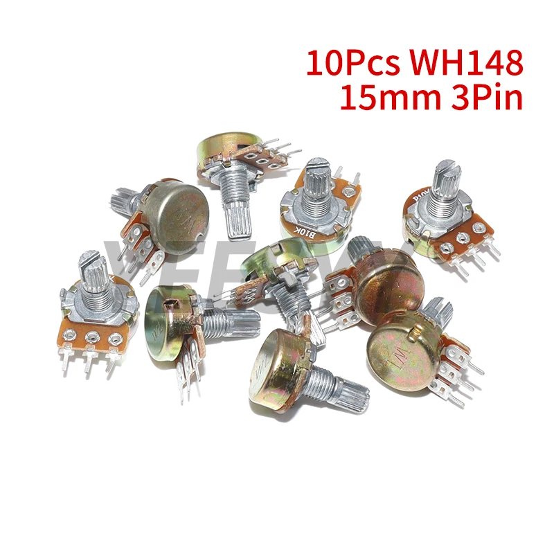 10PCS WH148 3Pin B1K B10K B50K B100K B1M 3Pin Linear Potentiometer 15mm Shaft With Nuts And Washers