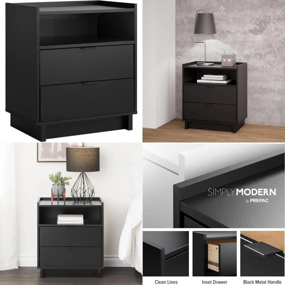 simply modern nightstand bedside table, black nightstand for bedroom, end table with 2 drawers and open shelf 23.75
