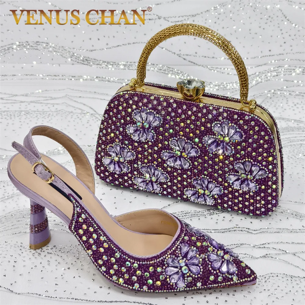 

Venus Chan 2025: женские фиолетовые туфли для вечеринок на высоком каблуке и сумочка со стразами — итальянский дизайн для свадеб и особых случаев
