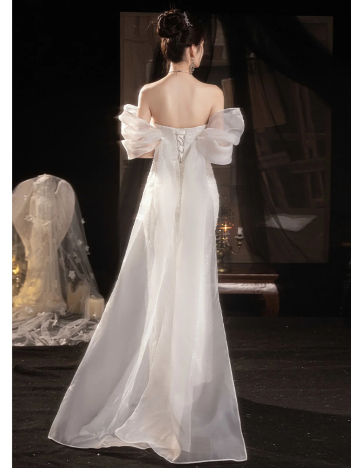 

Ele White Evening Gown Women's High-End Dr Host Off-oulder Long Sve Slim Fit for Wedding Par