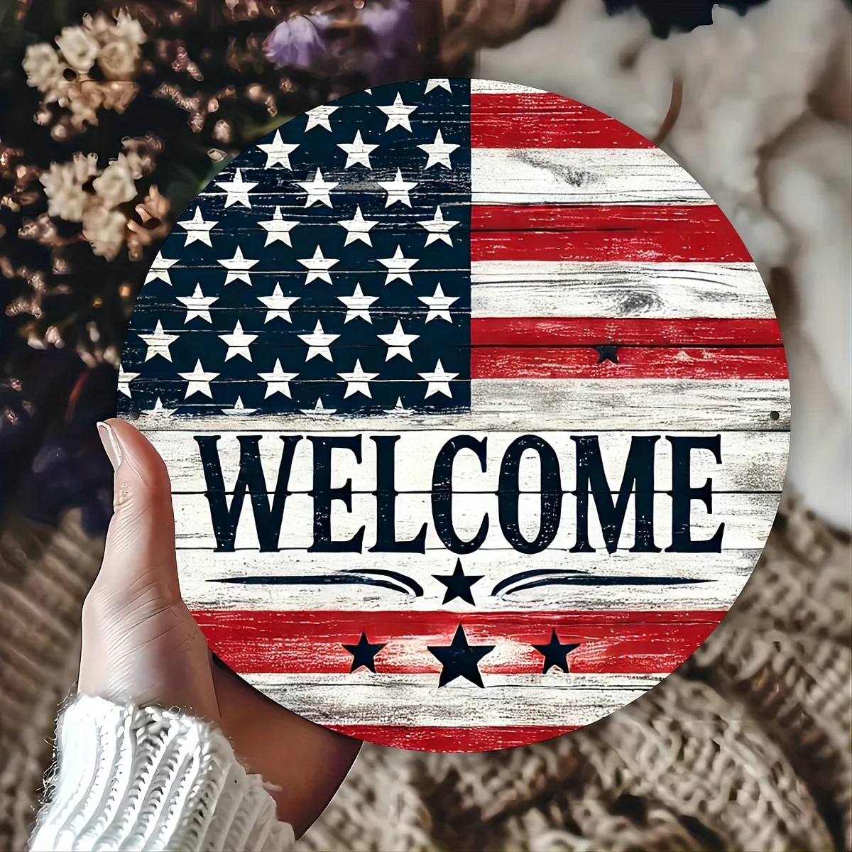 A Single Farmhouse-Style Aluminum Welcome Sign in The Shape of a Flag, Measuring 8X8 Inches, Featuring Vintage Wall Art That Is