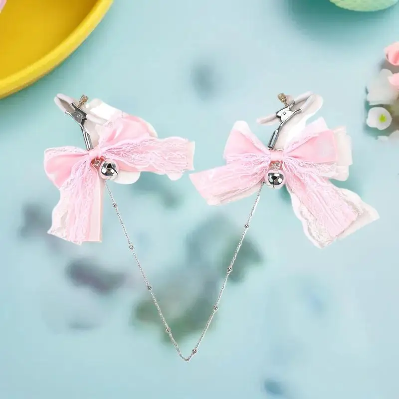 【SA】1 Pair Lace Butterfly Knot Bell Nipple Clamps Adult Toy With Chain Sexy Teasing Accessory Polyester Fabric Cute Girl Style - view 6