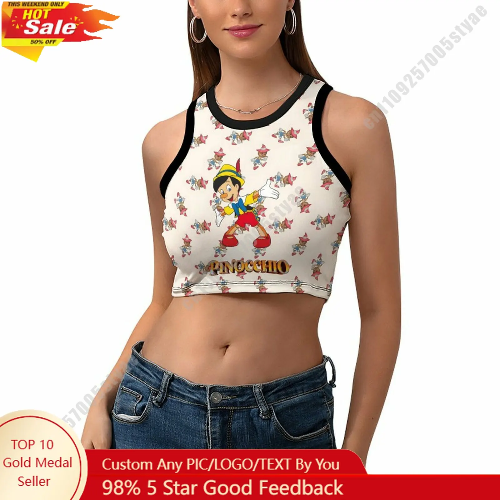 

Pinocchio Vest Disney Pattern Custom Photo Text Crop Tank Racerback Vest Personalized Graphic Sleeveless Crop Top