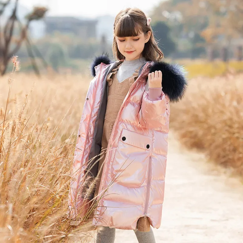 Girls Down Jacket Winter Fashion New Tops with Fur Collar Mid-length Teens Clothing Bright Surface Thick Warm Outerwear 5-14 Yrs