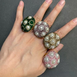 Natural freshwater pearl green rhinestone ring Exquisite fashion women's wedding party jewelry