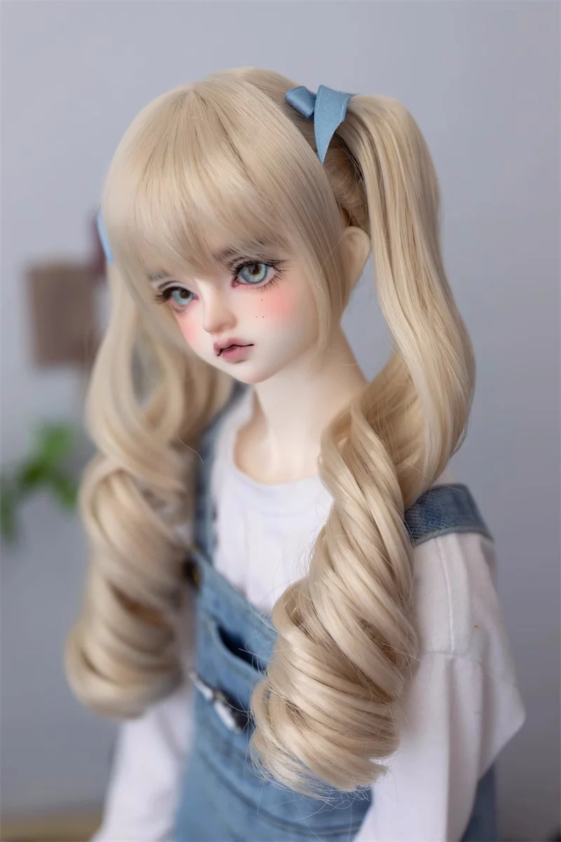 BJD 인형 스위트 걸 가발, 1/3 1/4 고온 실크 호랑이 입 클램프 활 더블 포니테일 긴 곱슬 머리 인형 액세서리