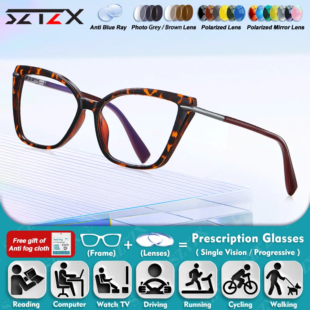 

SZTZX Minimalist Cat Eye Women's Myopia Hyperopia Reading Glasses Blue Light Filter Progressive Prescription Optical Eyeglasses