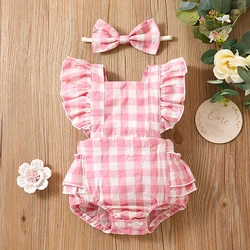 Newborn Baby Girl Bubble Cotton Plaid Flying Sleeve Climbing Suit With Buttocks+Headwear