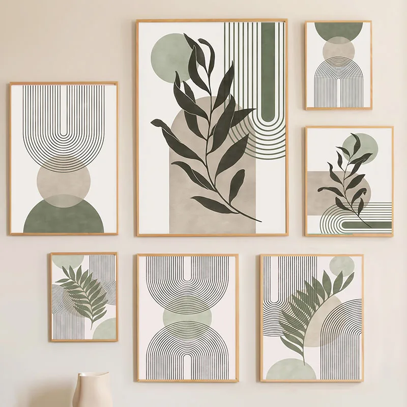 1pc frameless Canvas Painting 1pcs(No frame)Boho Green Leaves Sun Rainbow Geometry Wall Art Canvas Painting Abstract Lines Poste