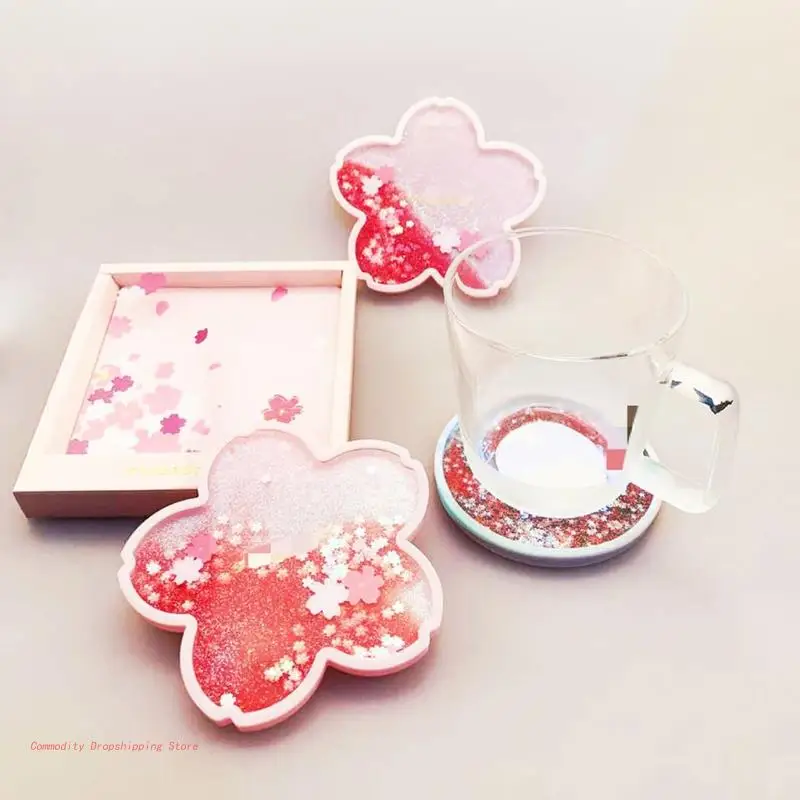 Glitter Coasters for Drinks Cherry Flower Pattern Insulation Plastic Funny Cup Mat for Decoration